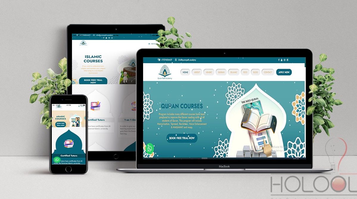 Laptop, Tablet & mobile devices representing Quran Path Academy website' design which developed by Holool